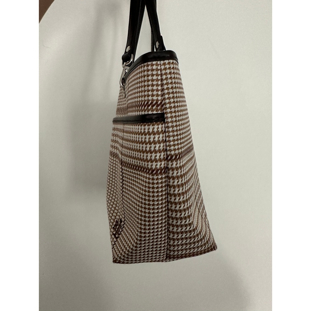 Lauren Ralph Lauren Brown Houndstooth Plaid Tote Bag Leather Trim Shoulder Bag - Picture 7 of 15